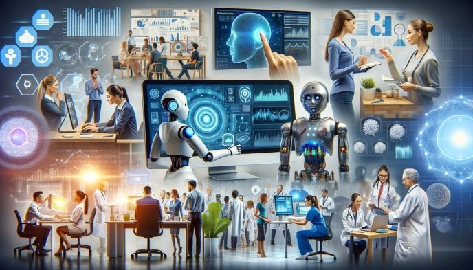 AI solving problems across healthcare, research, and education, bridging human expertise with intelligent innovation for a better future.Image source: https://databasetown.com/how-ai-is-changing-the-future-of-work/