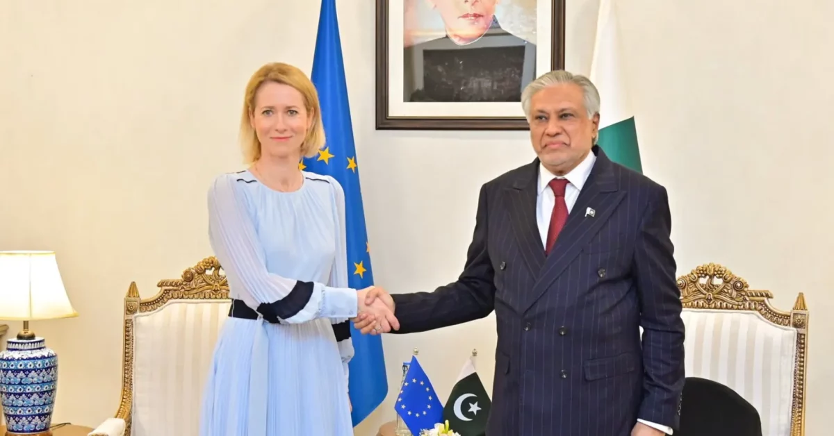 Foreign Minister Ishaq Dar meets with Euro­­pean Union’s top diplomat, Kaja Kallas, in Islamabad on June 1, 2026