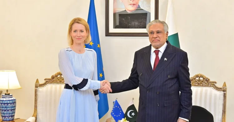 Foreign Minister Ishaq Dar meets with Euro­­pean Union’s top diplomat, Kaja Kallas, in Islamabad on June 1, 2026