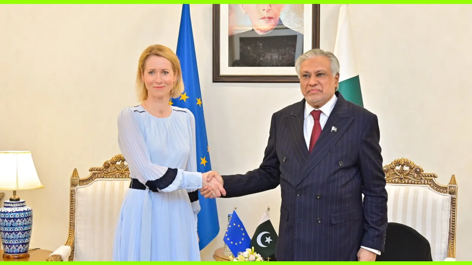 Foreign Minister Ishaq Dar meets with Euro­­pean Union’s top diplomat, Kaja Kallas, in Islamabad on June 1, 2026
